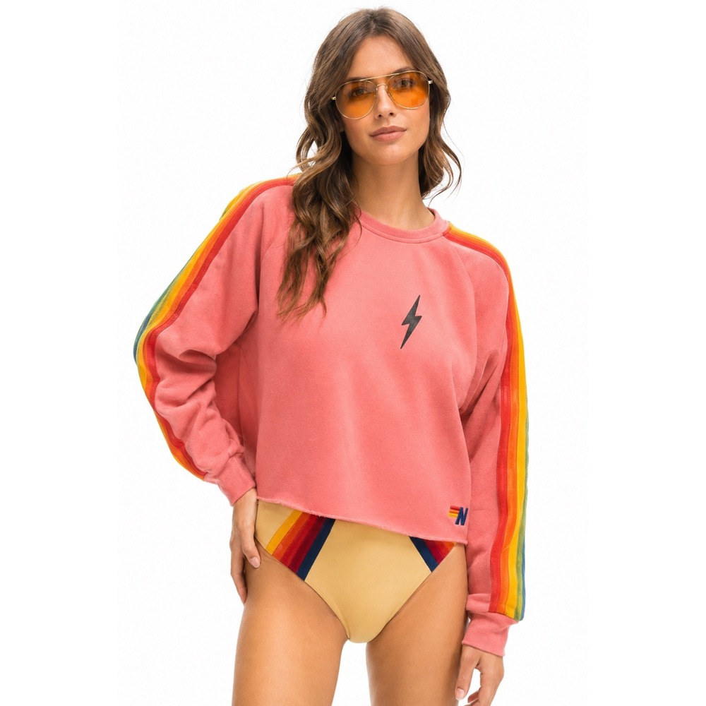 Aviator Nation Rainbow Stripe Bolt Cropped Sweatshirt Pink Surf Pullover Small
